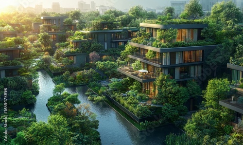 Imaginative representation of a sustainable city, featuring green roofs and vertical gardens, promoting eco-friendly architectural solutions and urban greening, Generative AI