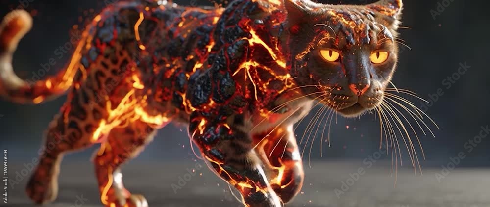 Anamorphic video cat with a body glowing like molten lava, cracks of fiery light running across its fur, and bright, piercing eyes. Anamorphic video cat with a body glowing like molten lava, cracks of fiery light running across its fur, and bright, piercing eyes.