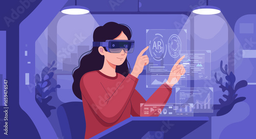 Young Woman Uses Augmented Reality Glasses to Analyze Data