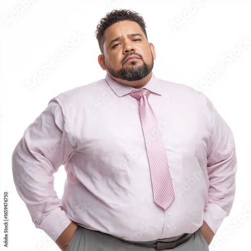 Confident Overweight Professional: Businessman in Stylish Casual Formal Attire - Plus Size Male Executive Portrait in Pink Shirt on White Background for Personal Branding and Corporate Identity
