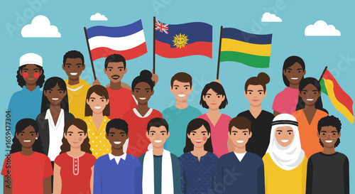 Diverse Group of People Celebrate Unity with Flags