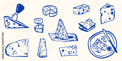 Hand drawn cheese whimsical hand drawn food background. Ideal for food wrapping paper, product desk, box.
