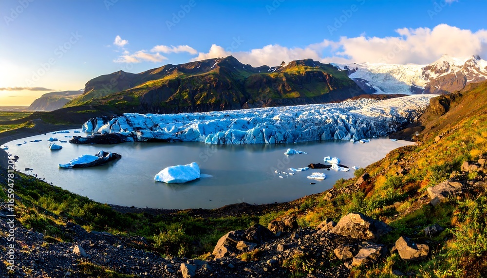 Naklejka premium Panoramic view of glacier and lake at sunrise