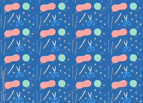 Seamless knitting pattern illustration with yarn balls, knitting needles, and scissors. Cute craft and handmade hobby background, colorful simple flat vector design.