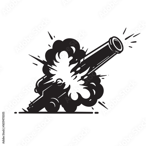 Black and white cannon firing with smoke and explosive effects isolated design