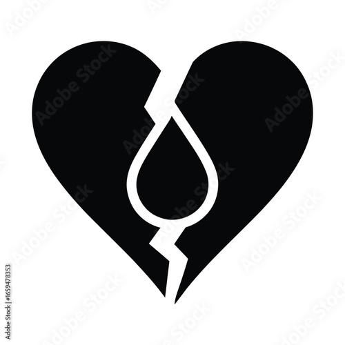 Black broken heart with a water drop inside on a white background love sadness