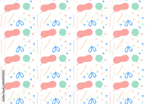 Seamless knitting pattern illustration with yarn balls, knitting needles, and scissors. Cute craft and handmade hobby background, colorful simple flat vector design.