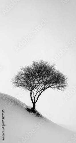 Solitary tree on snowy hill, minimalist monochrome landscape