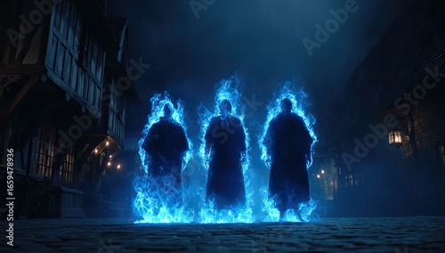Spectral figures in blue flame, medieval town, night
