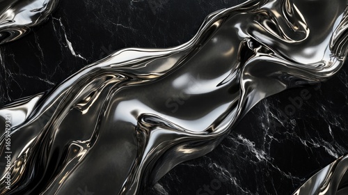 Abstract image of a flowing, reflective, metallic substance resembling liquid mercury or polished metal, draped across a dark marble surface.