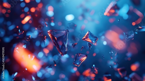 Abstract image of shattered glass fragments suspended in a dark space, illuminated by vibrant blue and orange light, creating a dynamic and energetic composition