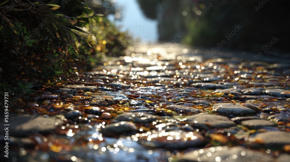 Fototapeta premium Sunlight reflects off a quaint cobblestone path, creating a magical and inviting scene, perfect for a peaceful stroll in the countryside.