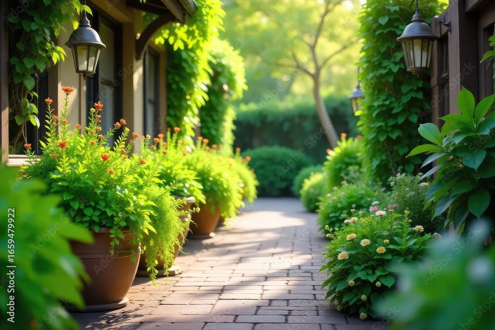 Fototapeta premium Lush Green Foliage Overflowing from Planters Lines Charming Walkway, Creating a Vibrant and Natural Ambiance Perfect for Garden and Outdoor Design Projects