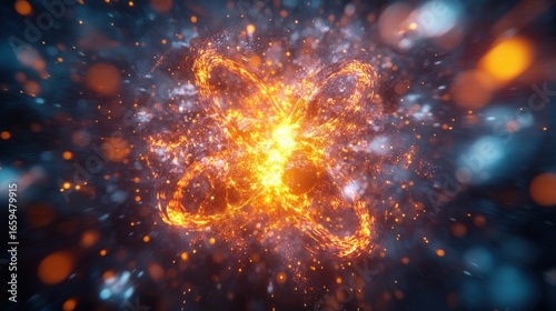 An abstract image depicting a fiery, energetic explosion or burst of light, composed of orange and blue particles against a dark background.  The central form resembles a stylized butterfly or flower
