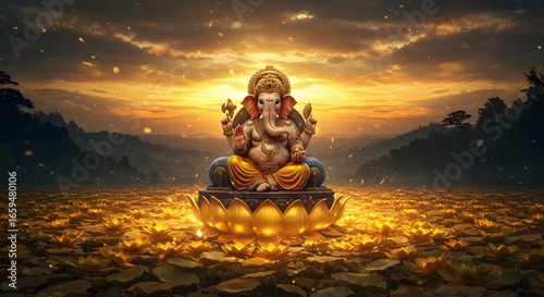 God Ganesha sitting in majestic place with gold divine aura, made by Ai