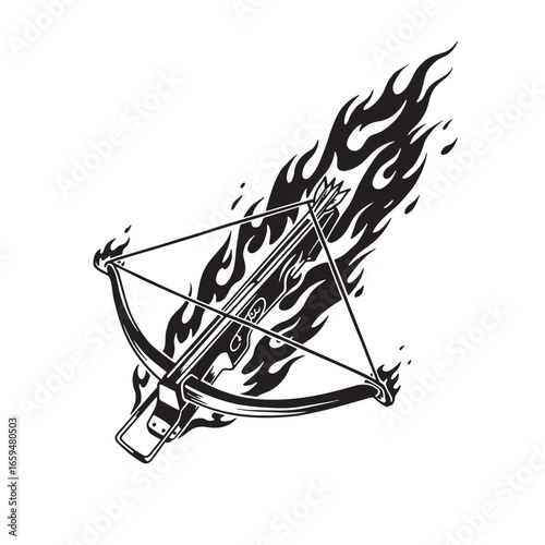 Black and white illustration of a flaming crossbow with arrows firing quickly