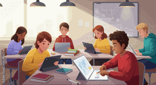 Students Use Digital Tablets in Modern Classroom