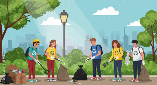 Volunteers Collect Garbage in City Park for Recycling