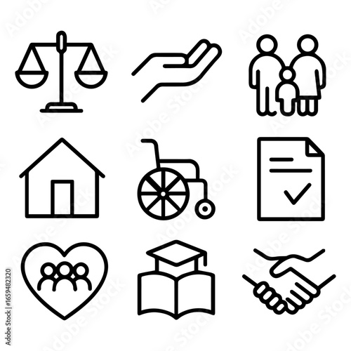 Nine Bold Line Icons Depicting Social Welfare Concepts.