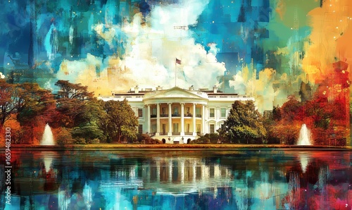 Artistic collage interpretation of the White House, symbolizing the U.S. government, its history, and political power, through creative and conceptual design, Generative AI
