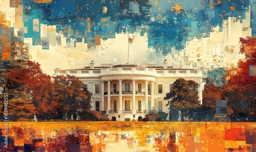 Artistic collage interpretation of the White House, symbolizing the U.S. government, its history, and political power, through creative and conceptual design, Generative AI