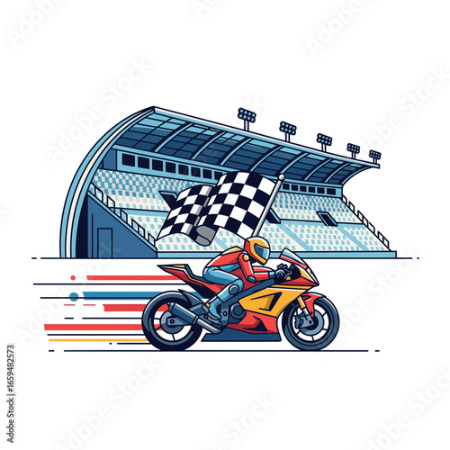 A dynamic flat vector illustration of a Moto2 logo. The modern minimalist design, with its sleek motorcycle, grandstand, and checkered flag, perfectly captures the speed of the race.