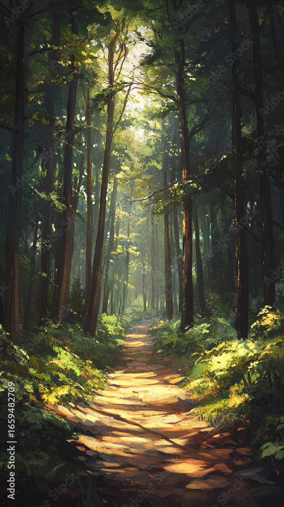 Obraz premium Mystic Forest with Sunlight Rays Through Tall Trees and Misty Atmosphere Background,generative ai