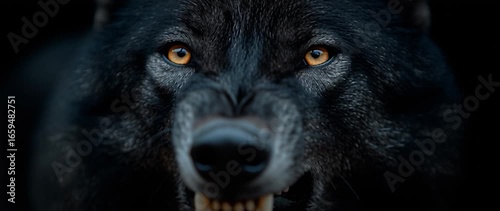 Anamorphic video powerful and intense close-up of a black wolf snarling, revealing its sharp fangs.