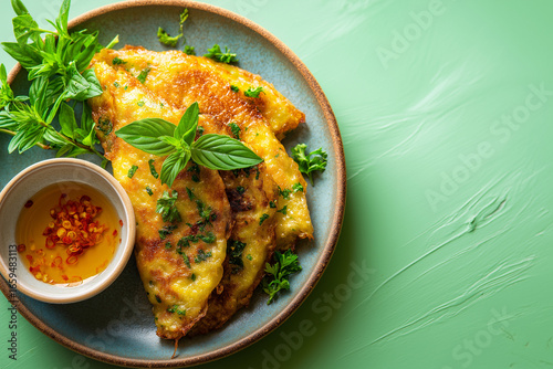 Vietnamese banh xeo crepes with fresh herbs and chili sauce