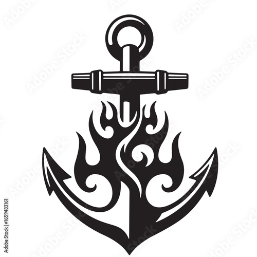 Bold black anchor tattoo design featuring tribal flames suitable for various creative applications