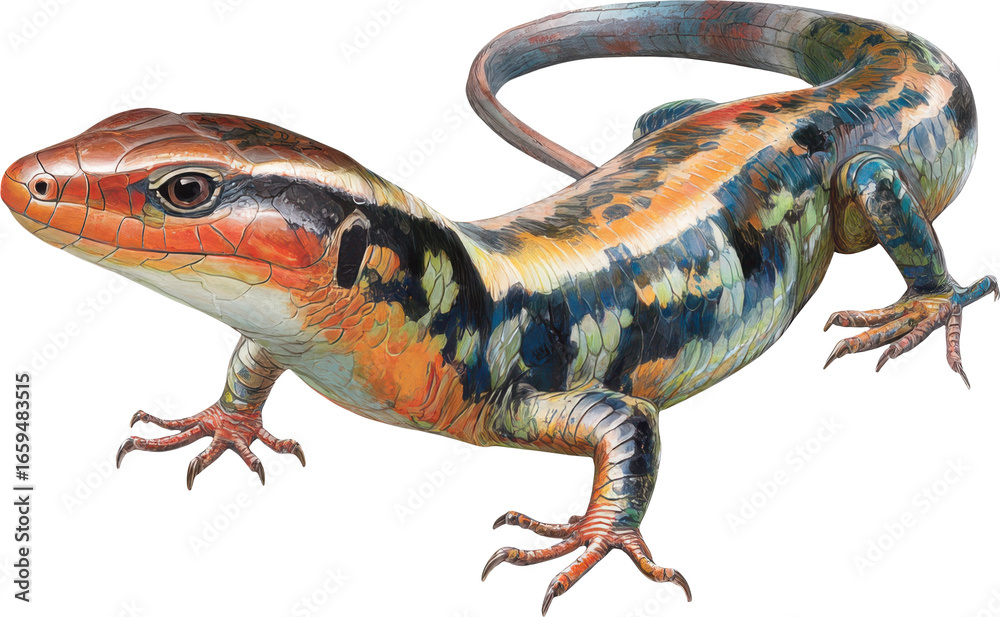Obraz premium Vibrant multi-colored skink lizard with intricate patterns detailed close-up Watercolor PNG