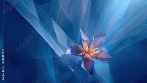 Folded origami flower in blue fabric backdrop