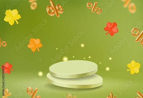 Autumn Display Podium Background with Autumn leaves and empty stage. Minimal decoration podium pedestal product display. Background or banner template for the design of Autumn and Fall Banners