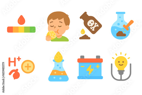 Acid Properties Icons. Flat vector mini-illustrations acid properties in colors children's illustrations: pH scale, sour taste,