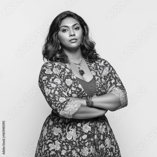 Confident and Stylish Black and White Portrait of a Plus-Size Woman in Bohemian Fashion with Crossed Arms and Expressive Gaze