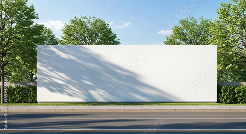 blank billboard on a sunny day, Empty white hoarding stands on city street. Green trees border structure. Sunny day on urban roadside. Blank billboard with mock-up area. Ideal for advertising. Modern 