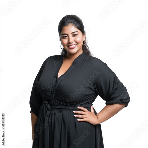 Portrait of a Smiling Plus Size Fashion Model in Black Dress: Full Body Studio Shot Highlighting Female Confidence, Diversity, and Body Positivity with Stylish Outfit and Cheerful Expression