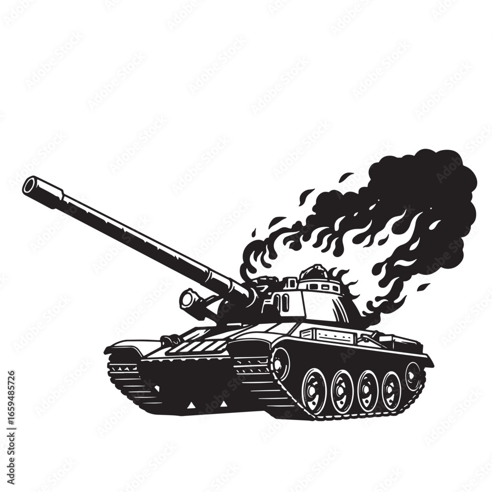 Fototapeta premium Burning tank war machine illustration black and white combat vehicle military design
