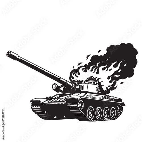 Burning tank war machine illustration black and white combat vehicle military design