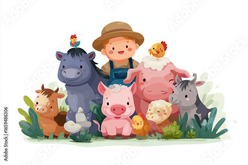 A cartoon farmer with a hat surrounded by farm animals including pigs horses cows sheep and chickens