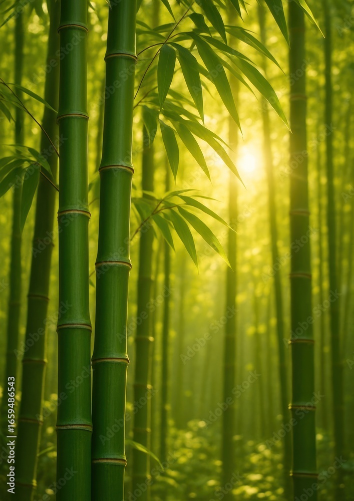 Fototapeta premium Serene bamboo forest with sunlight.