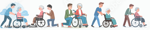 Cartoon Style Diverse Caregiver Assistance with Elderly Patient in Wheelchair Illustration