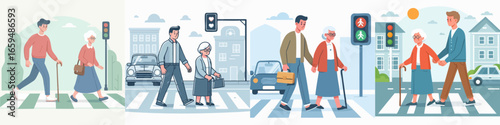Flat Style Illustration of Young Person Assisting Senior Citizen Crossing Street