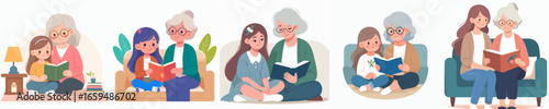 Cute Illustration Grandmother and Granddaughter Reading Book Sitting Together Illustration