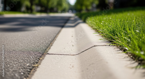 Low angle perspective showcasing a well maintained residential street with vibrant green grass and asphalt