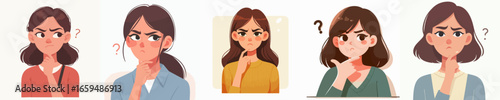 Diverse Cute Thinking Woman Expression Question Mark Head Illustration Graphic