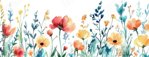 Vibrant watercolor meadow border with delicate wildflowers and lush greenery on white