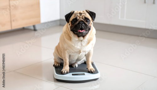 Pug dog on kitchen scale.