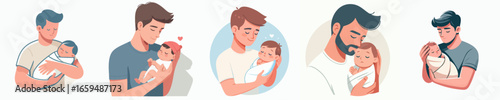 Cartoon Style Father and Baby Moment Illustration Icons Set Collection