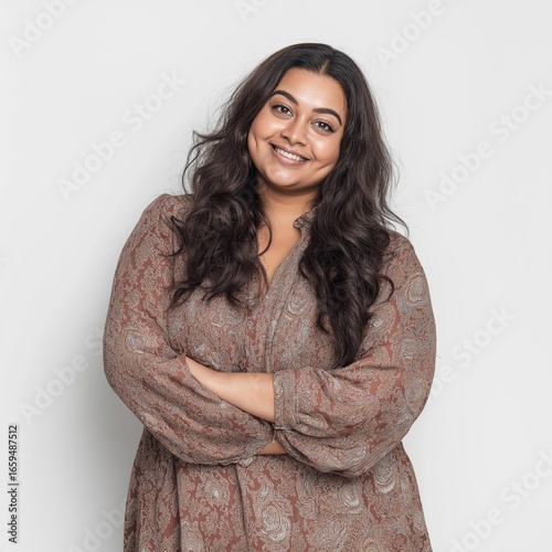 Confident Smiling Woman in Casual Plus Size Fashion: A Joyful, Diverse Lifestyle Portrait.